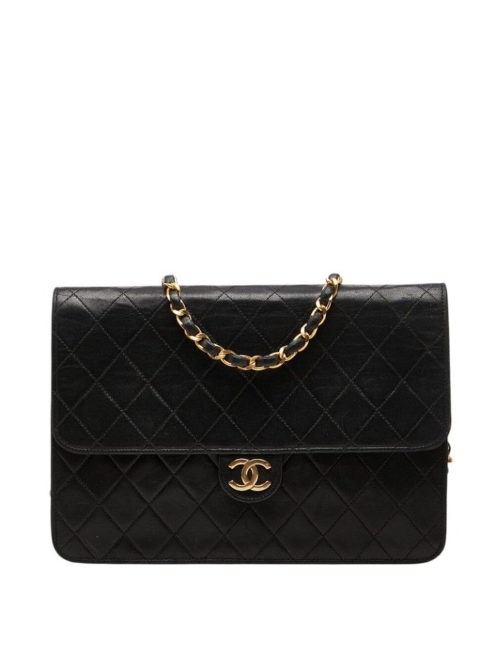 Chanel CC Logo Quilted 25 Single Flap Chain Shoulder Bag Black Gold Lambskin